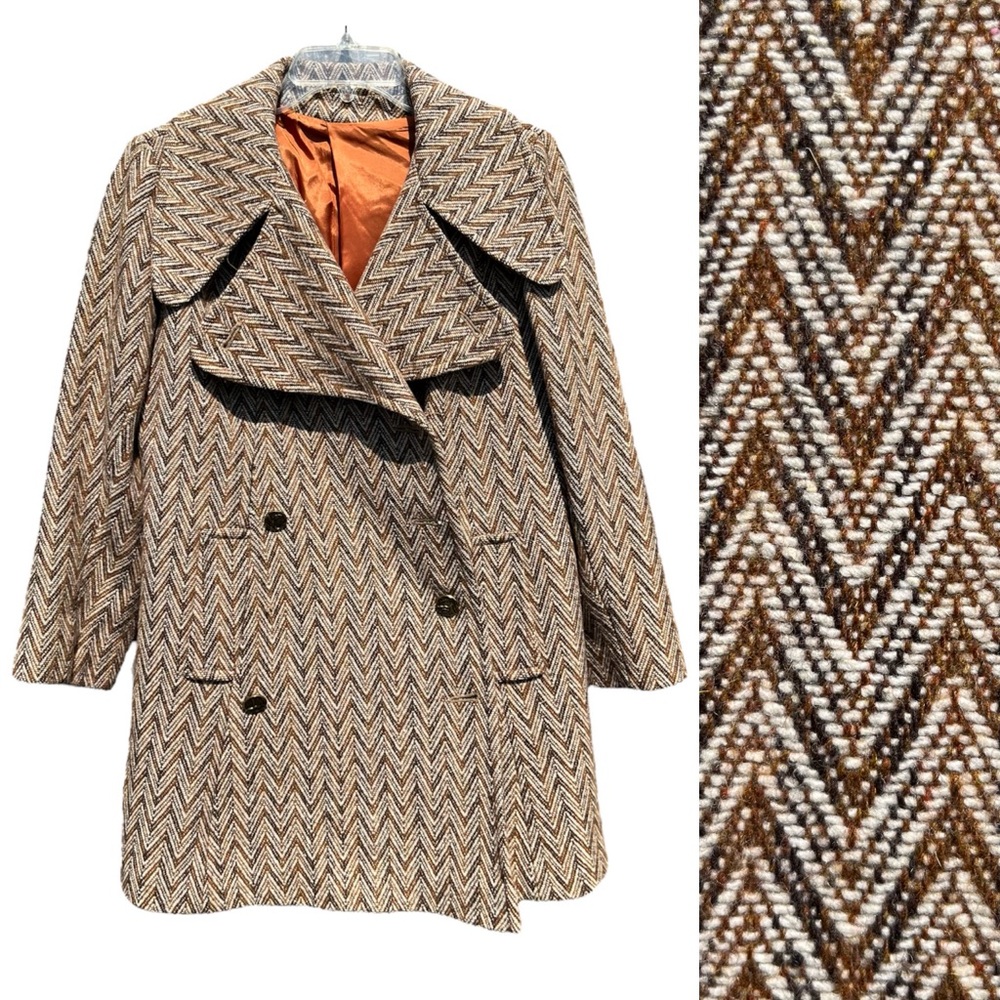 Vintage 60s Wool Chevron Notched Lapel Double Breasted Car Coat Overcoat